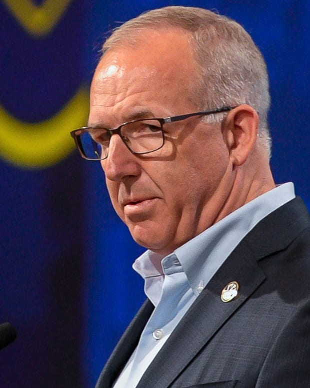 SEC Commissioner Greg Sankey at the podium in Nashville at SEC Media Days